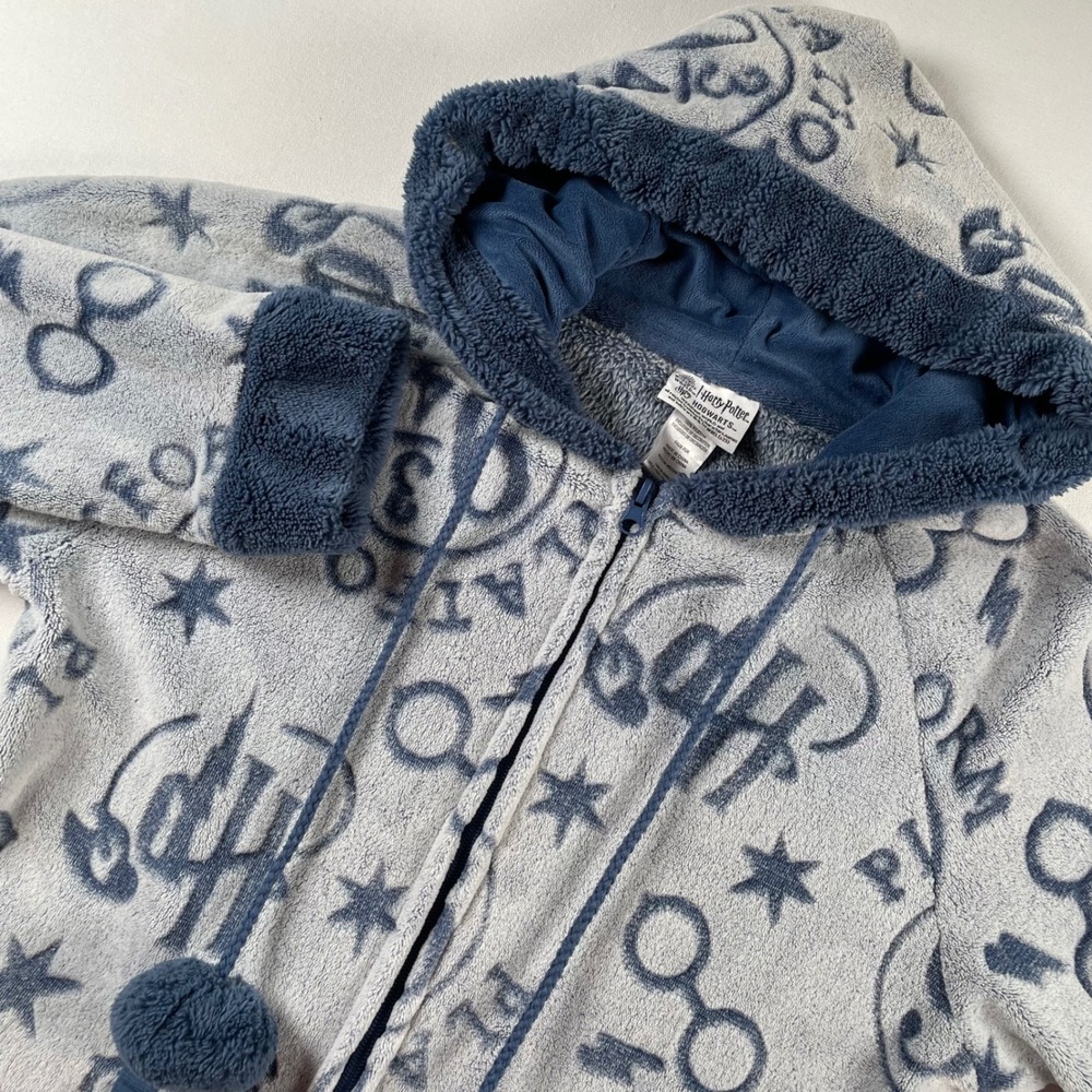 Harry Potter Hogwarts Union Suit Womens Med Blue Fleece Hooded One Piece Pajama